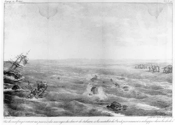 サハラ海岸での「ソフィー」の沈没、チャールズコシェレによる「1819年5月30日にアフリカの西海岸でラソフィーを沈没させたフランス軍の沈没」の表紙、モットによって彫刻